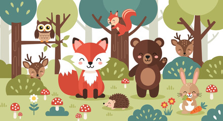 Naklejka premium Cute Woodland Animals in Forest Cartoon Illustration
