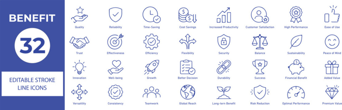 Set of 32 Benefit icons and add names. Each icon will be different, create a vector outline icons using white background and blue colorPrint
