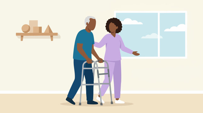 Caregiver assisting senior man using a walker for mobility and therapy
