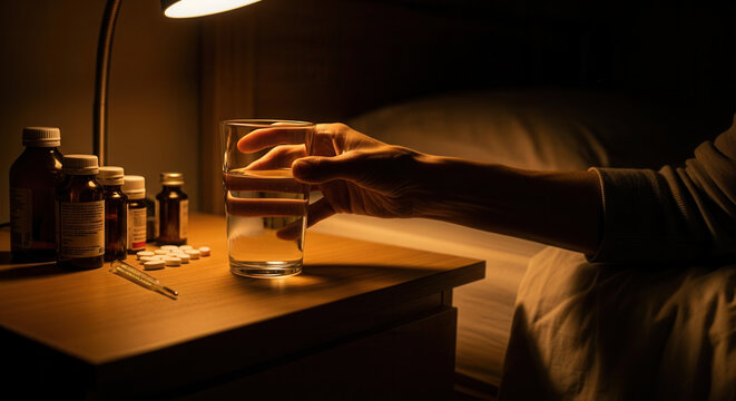 Evening Ritual: A Hand Reaches For Water And Medication Beside The Bedside Lamp