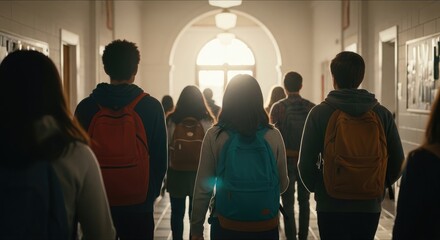 Obraz premium Students with backpacks walking in school hallway for back to school