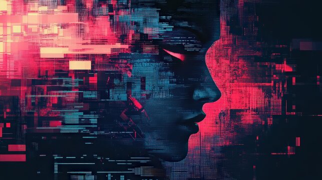 Digital portrait of a human face emerging from abstract data streams and glitch art patterns