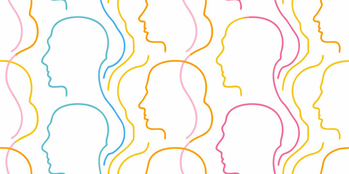 Colorful Continuous Line Human Profile Pattern On White Background Repeating Seamless Design