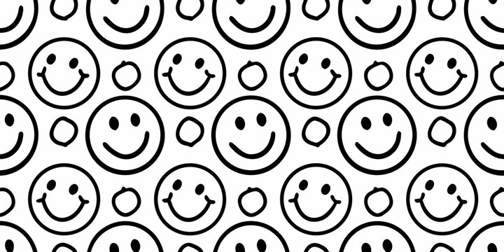 Seamless pattern of simple black line art smiley faces on white background