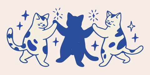 Three Cats Holding Paws Blue And White Vector Illustration With Sparkle Details © PabanBiswas