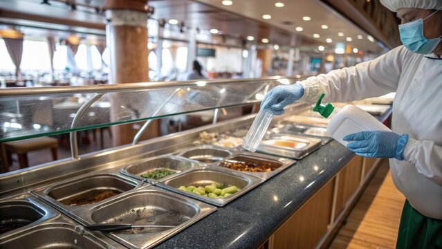 A person wearing protective gloves and a mask sanitizes a buffet counter in a spacious dining area with multiple food trays under glass covers.