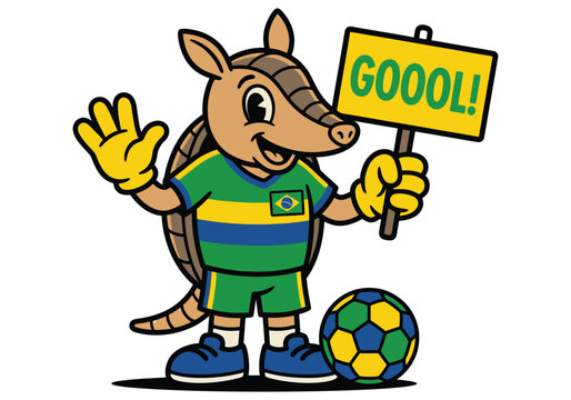 Cartoon armadillo in brazilian soccer uniform holding a sign that says gool