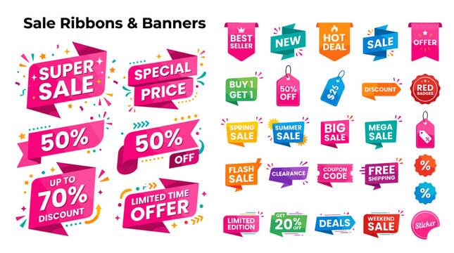 Colorful sale ribbons and banners.