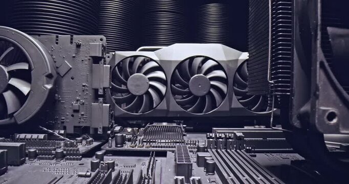 Few motherboards holding CPU, GPU and cooling fans. 
