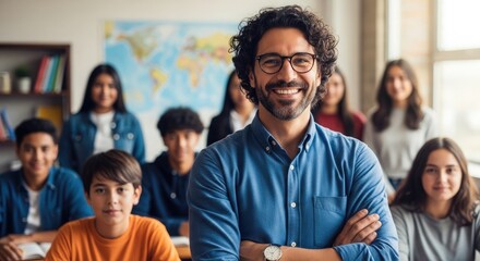 Obraz premium Back to school smiling teacher with students in classroom setting