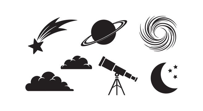 Outer space astronomy icons with planet saturn comet galaxy spiral telescope moon and clouds for night sky investigation.