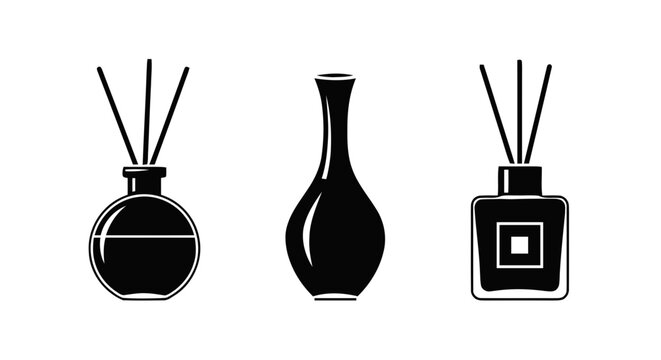 Vector illustration of set of aroma diffusers with reed sticks and decorative vase on a transparent background