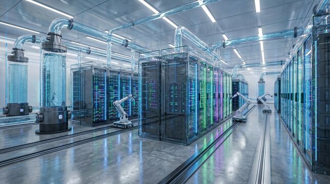 Advanced automated robotic systems maintain high performance server racks inside a futuristic data center facility cooled by complex liquid systems with bright glowing neon light effects