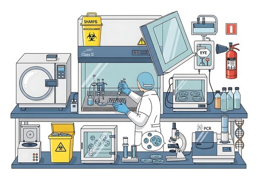 Scientist working in a modern laboratory with various equipment and safety measures