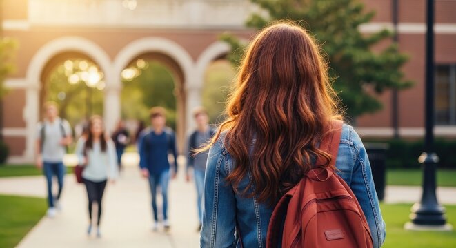 Back to school female student walking on campus with backpack