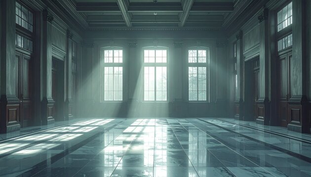 Empty dimly lit gothic stone corridor with stained glass windows.