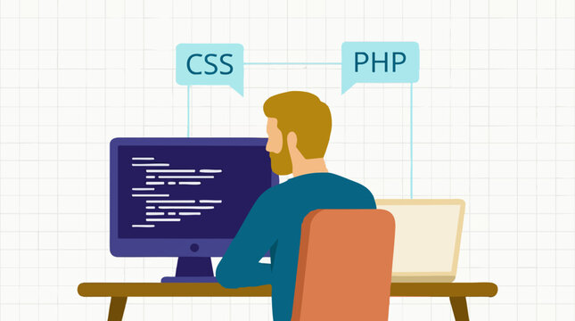 Web developer coding on a computer with CSS and PHP technologies