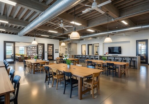 Expansive contemporary co-working space featuring communal wooden tables, comfortable seating arrangements, and ambient illumination, promoting collaboration and productive work environments
