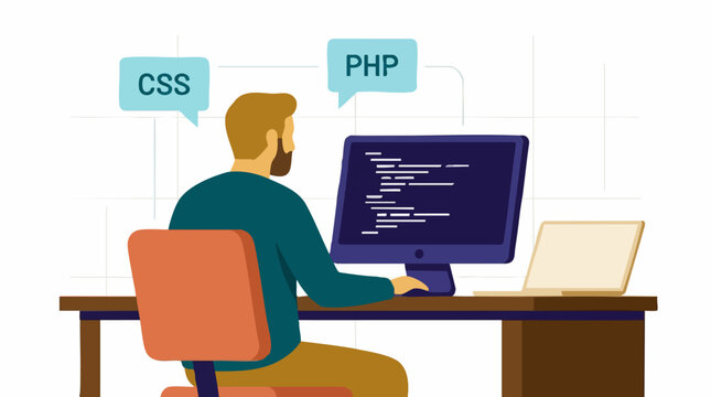 Web developer programming at desk with CSS and PHP languages illustration