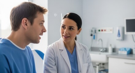 Fototapeta premium Medical Consultation Demonstrates Doctor Conveying Information To Patient In A Clinic Setting