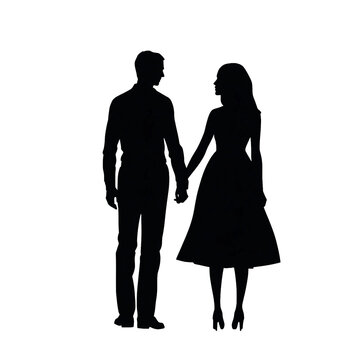 Silhouetted Couple Holding Hands: A timeless silhouette of a man and a woman holding hands, facing each other with a sense of connection and romance. A classic depiction of love and partnership.