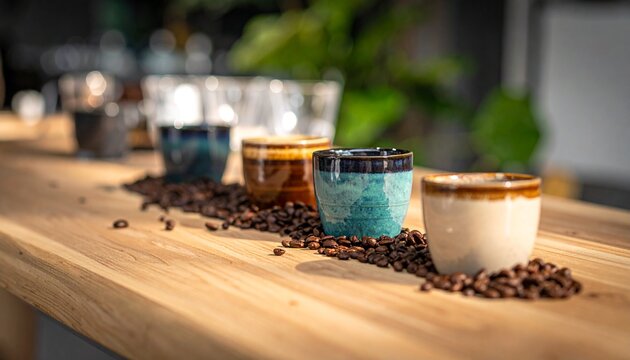 Close-up of three coffee cups on rustic wooden table.
