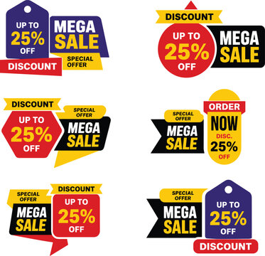 Set of mega sale discount banners with 25% off and special offer labels in various designs.
