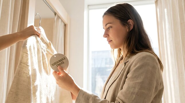 Young woman checking tag on garment featuring sustainable choice label highlighting circularity
