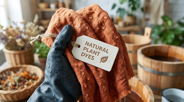 Natural plant dyes on organic orange fabric promoting circularity in sustainable fashion studio