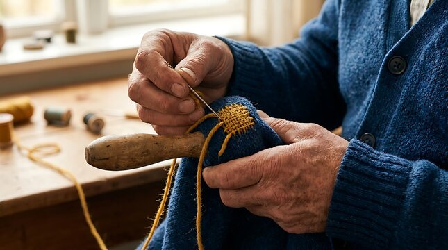 Elderly person mending blue knitted wool garment with needle and yarn focusing on circularity