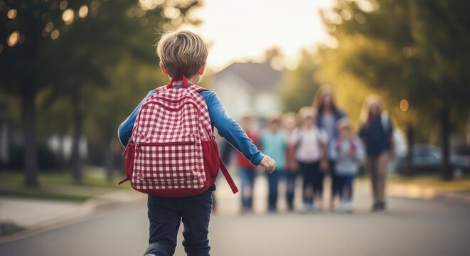 Back to school young boy walking to school with backpack group of students in background