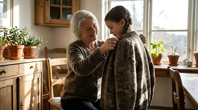 Grandmother helping granddaughter put on cardigan in kitchen, embracing circularity of family