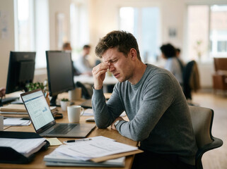 Naklejka premium Frustrated Businessman Experiencing Stress at His Desk In a Bright Modern Office Setting
