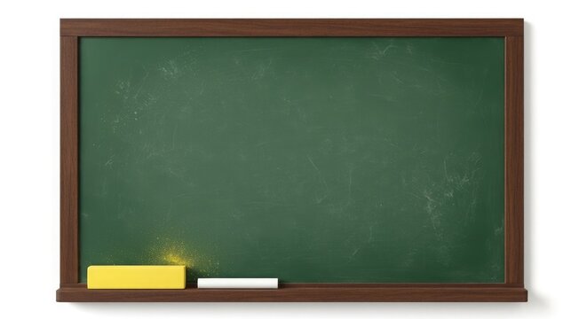 Back to school empty green chalkboard with wooden frame and chalk for educational concepts
