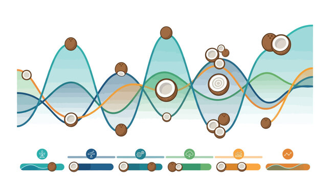 Vector infographic featuring multiple overlapping wave line charts with coconut icons as data points, including agricultural icons and progress bars on a white background.