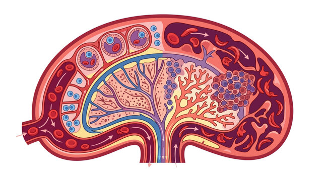 Detailed anatomical cross-section vector illustration of a human placenta showing the vascular network, umbilical cord vessels, maternal blood circulation, and chorionic villi structure.