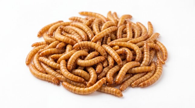 Heap of Dried Mealworms on White Background for Pet Food or Entomophagy Concepts (109 characters)