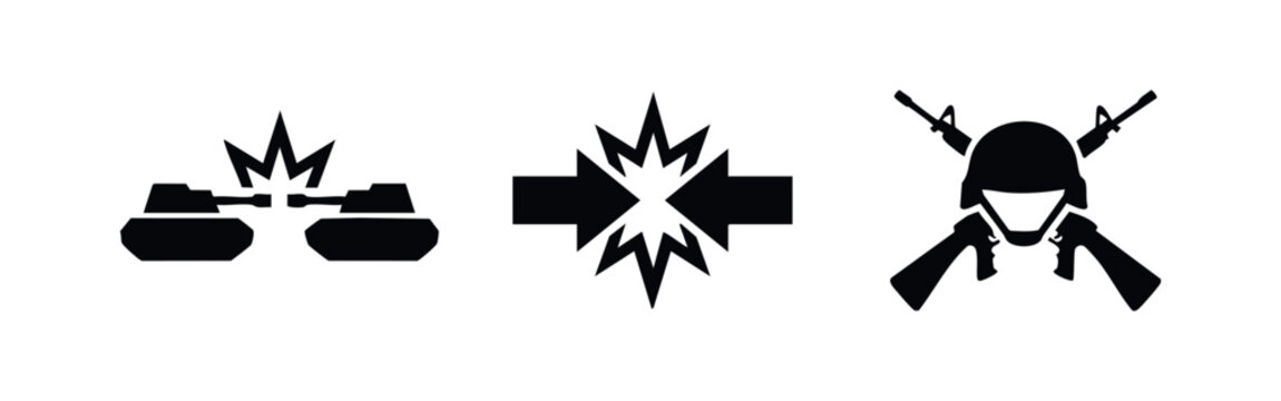 Set of black war and conflict icons including battling tanks, impact arrows with explosion, and a military helmet with crossed assault rifles.