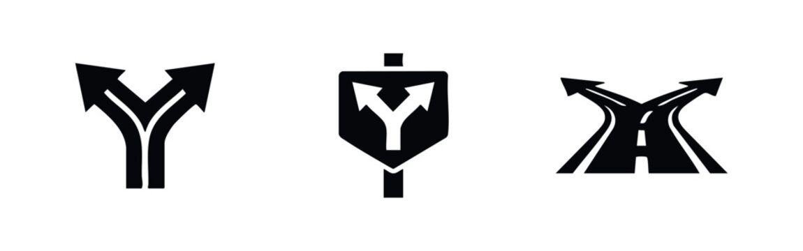 Set of three minimalist black icons showing a fork in the road, symbolizing key decisions, career paths, and life directions. Isolated on white.