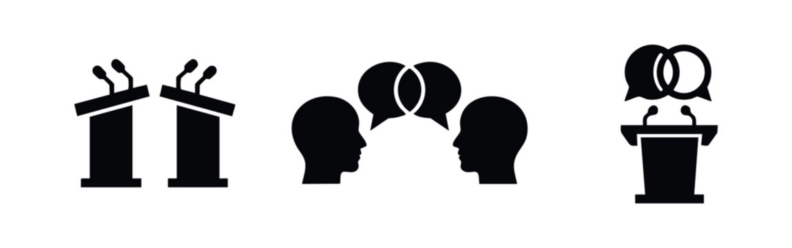 Black silhouette icon set illustrating debate, dialogue, and public speaking with lecterns, microphones, and human profiles with speech bubbles.