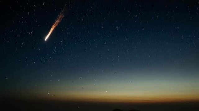 Meteor streaking across starry night sky.