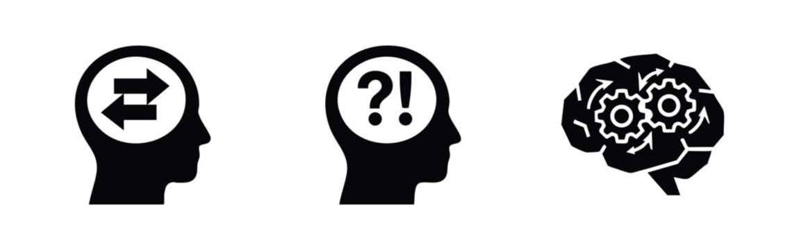 Set of three minimalist icons symbolizing mental processes, cognitive thinking, questioning, and logical reasoning within the human mind.