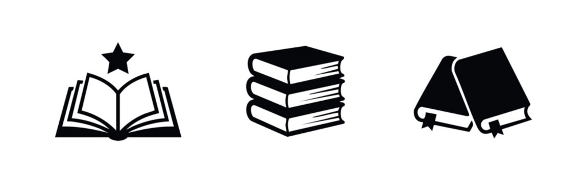 Minimalist book icon set featuring an open book with a star, a stack of books, and volumes with bookmarks. Perfect for library and education themes.