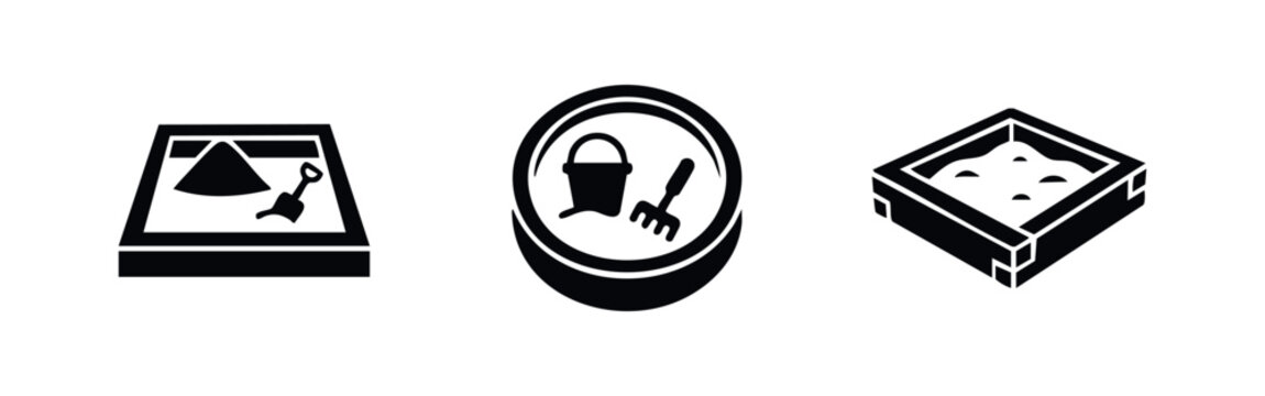 Collection of three minimalist sandbox icons with toys including shovels, rakes, and buckets. Ideal for children's play area and playground designs.
