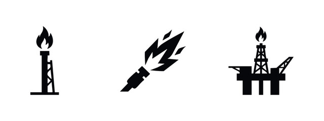 Set of black silhouette icons representing the oil and gas industry, featuring a flare stack, handheld torch, and an offshore drilling platform. © Lili