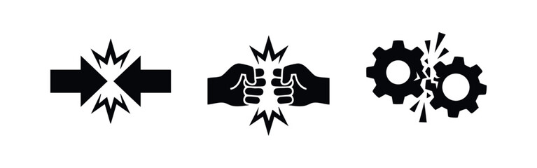 Set of black conflict and collision icons featuring clashing arrows, punching fists, and broken gears representing impact, friction, and failure. © Lili
