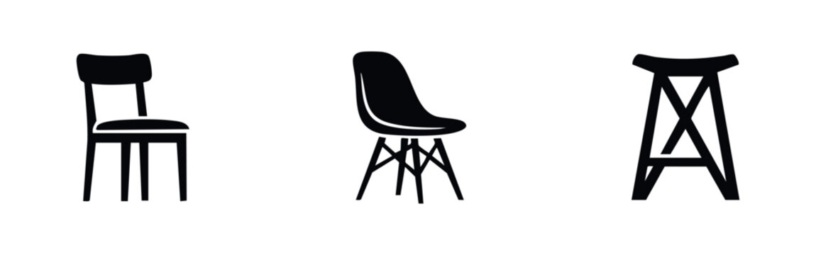 Set of three black furniture silhouettes including a dining chair, a modern molded chair, and a backless stool isolated on a white background.