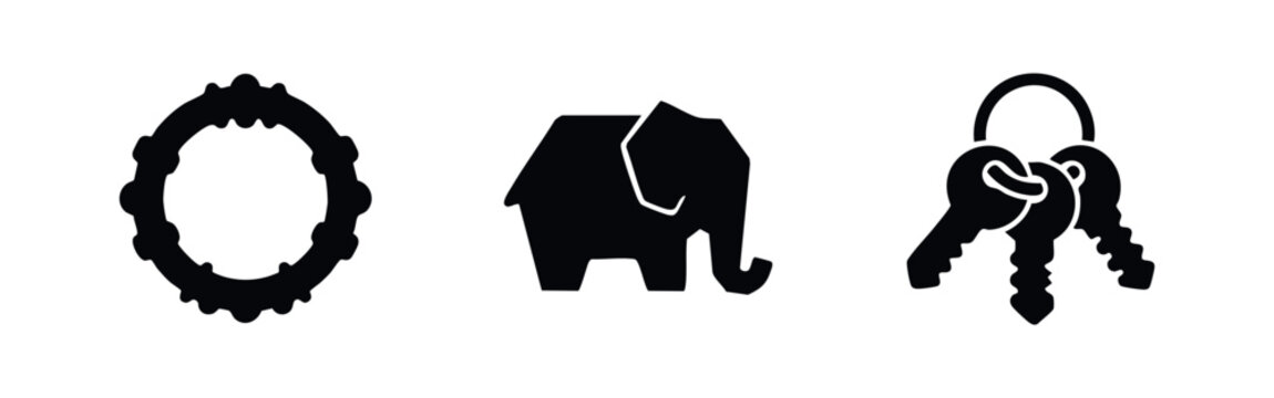 Set of three minimalist black icons on a white background, including an ornate circular frame, a stylized elephant, and a bunch of keys on a ring.