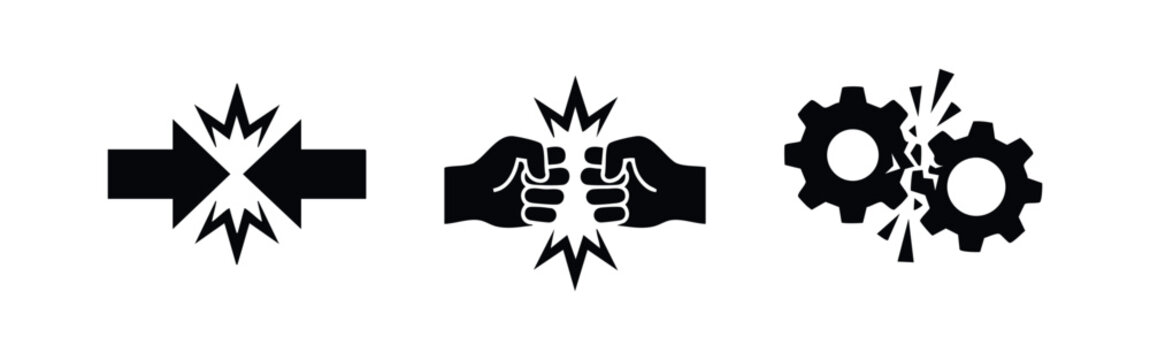 Set of black conflict and collision icons featuring clashing arrows, punching fists, and broken gears representing impact, friction, and failure.