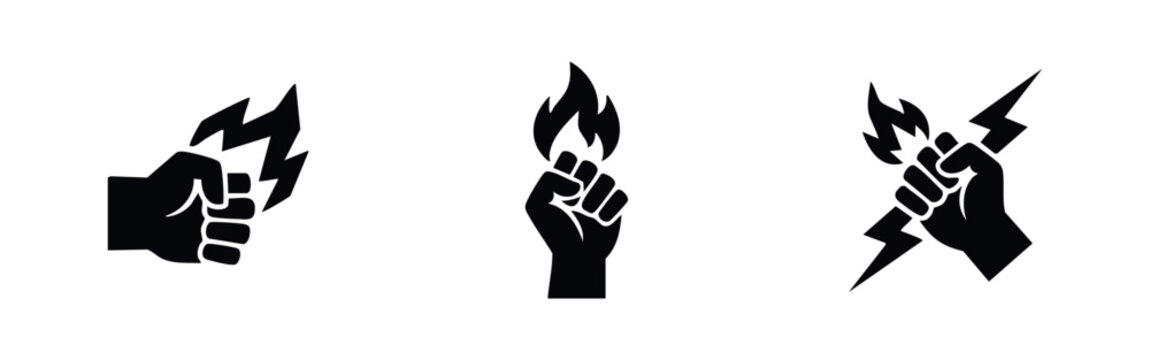 Set of three black fist icons holding elements of power: a lightning bolt, a flame, and both combined, symbolizing strength and energy on white.